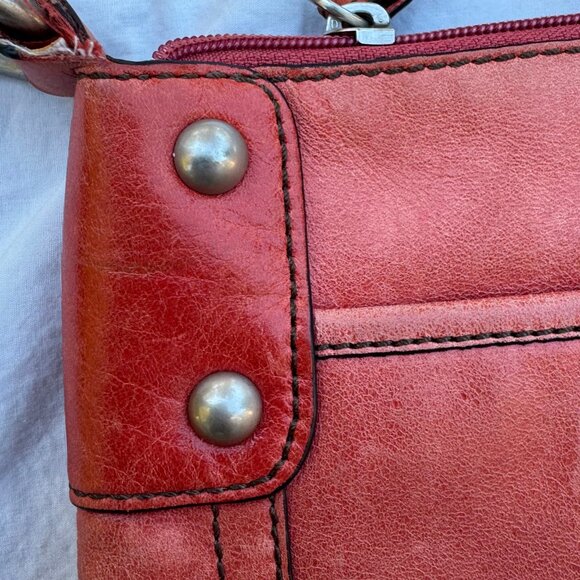 Coral Red Pink Salmon Leather Fossil Crossbody Purse - Picture 5 of 12